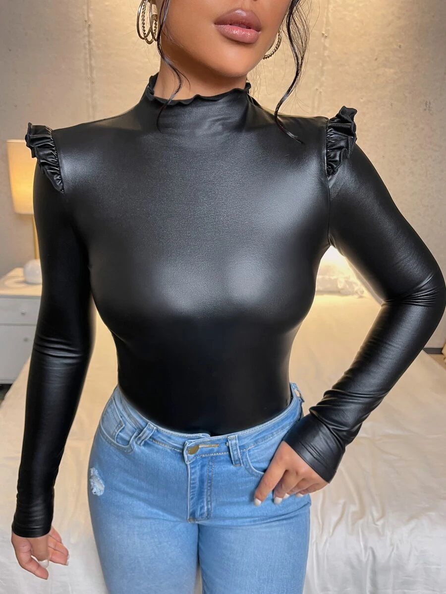 SHEIN Mock Neck PU Leather Bodysuit