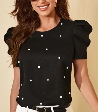 SHEIN Solid Puff Sleeve Pearls Beaded Top