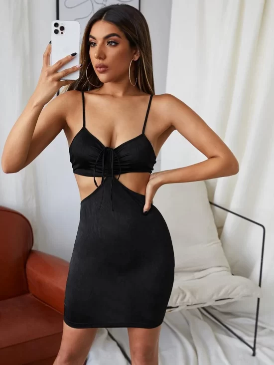 SHEIN Tie Backless Drawstring Ruched Front Bodycon Dress