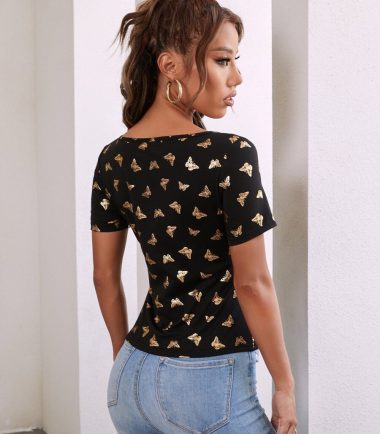 SHEIN Allover Butterfly Scoop Neck Tee